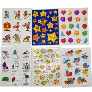 Vtg 80s Sticker Sheet Unused Stars Sports Fruit Bird Balloon Words Booth Retro 2